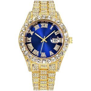 Men Gold Diamond Watch Fashion Crystal Rhinestone Quartz Analog Watch Iced-Out